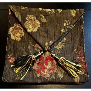 Table Runner Black Gold Burgundy Floral Tassels 90" Long 12" Wide Made in India